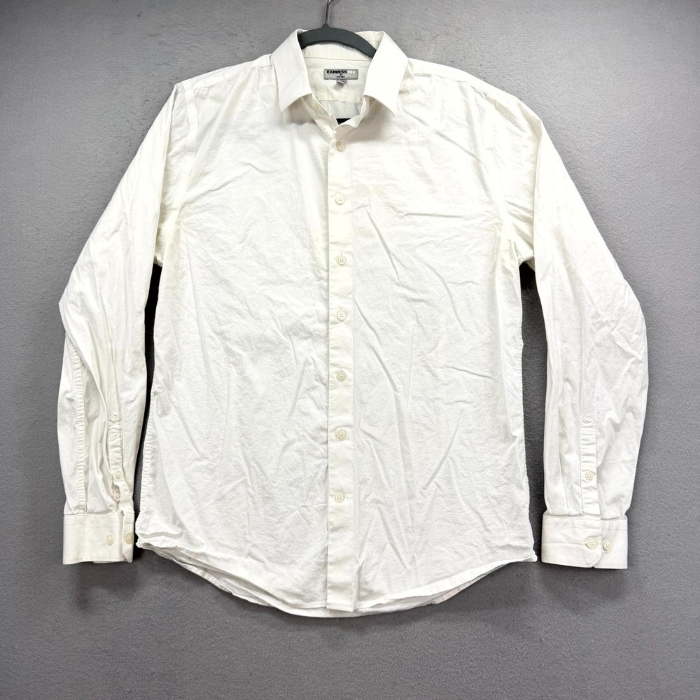 Express 1MX Fitted Dress Shirt Men M 15-15.5 Off White Formal Business Oxford